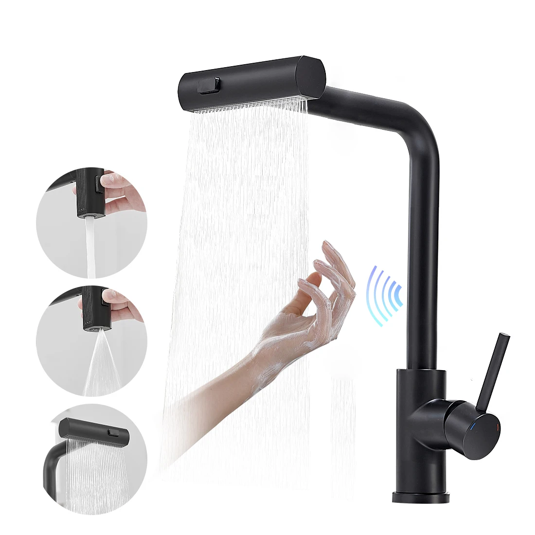 Touch Sense Kitchen Faucet 3 Mode Black Waterfall