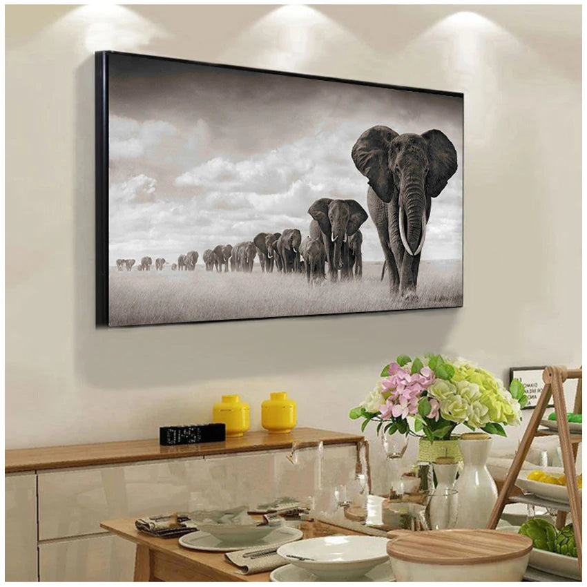 Black Africa Elephants Canvas Painting