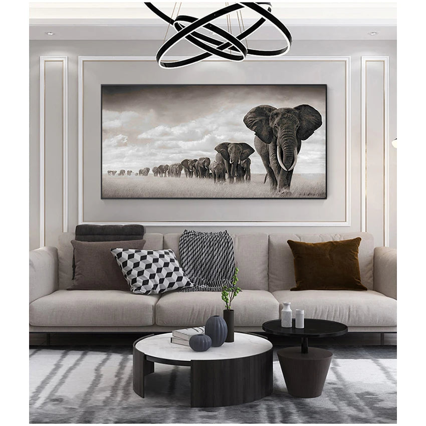 Black Africa Elephants Canvas Painting