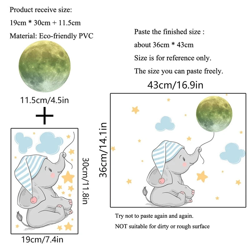 Baby Elephant Moon Luminous Wall Sticker