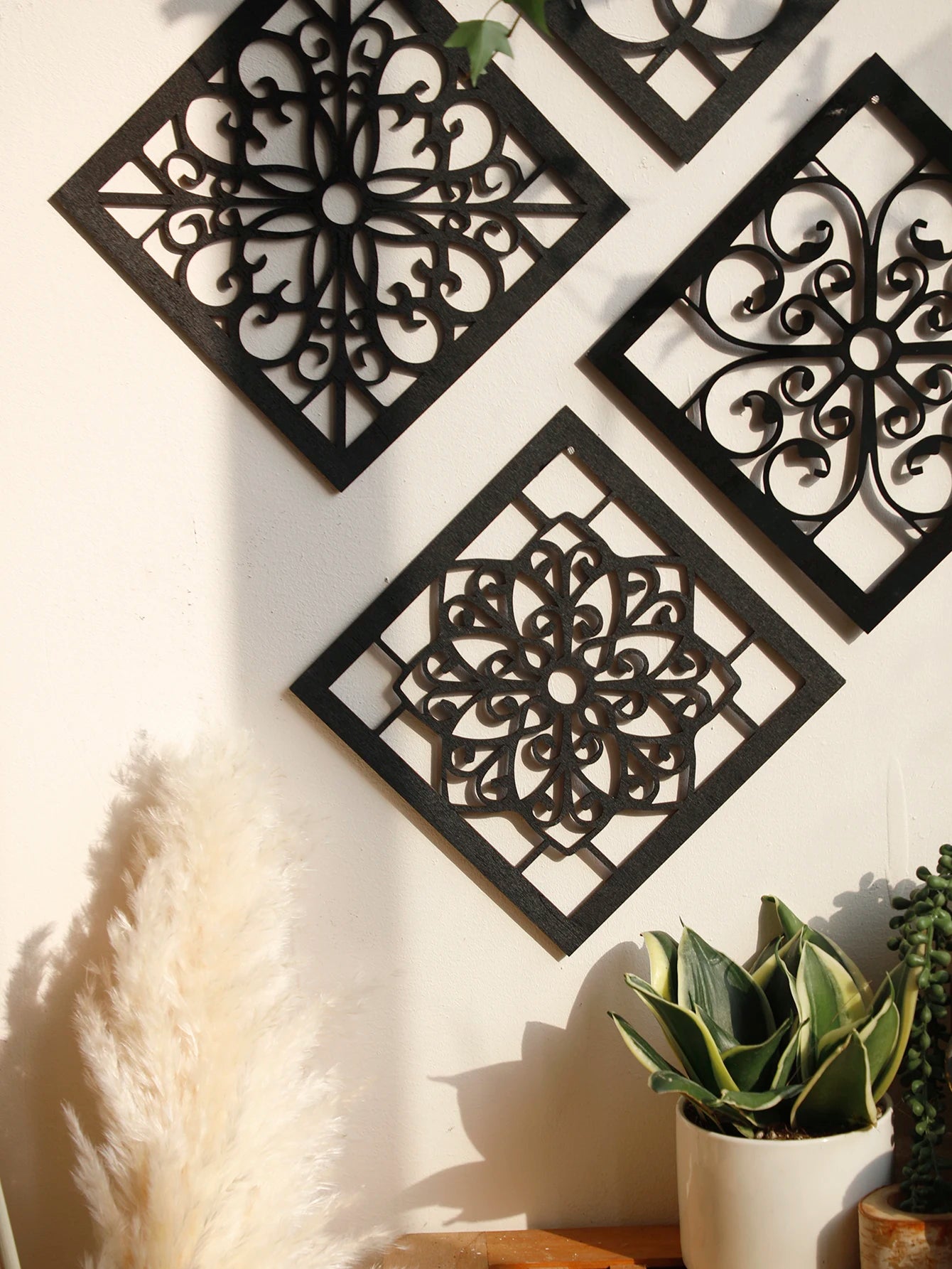 4Pcs Black Wooden Hollow Wall