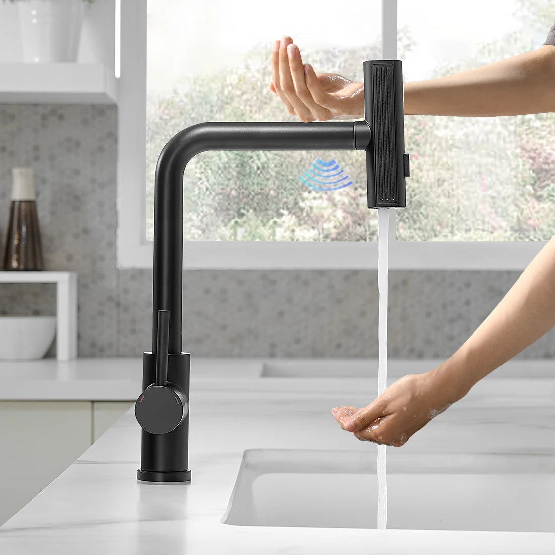 Touch Sense Kitchen Faucet 3 Mode Black Waterfall