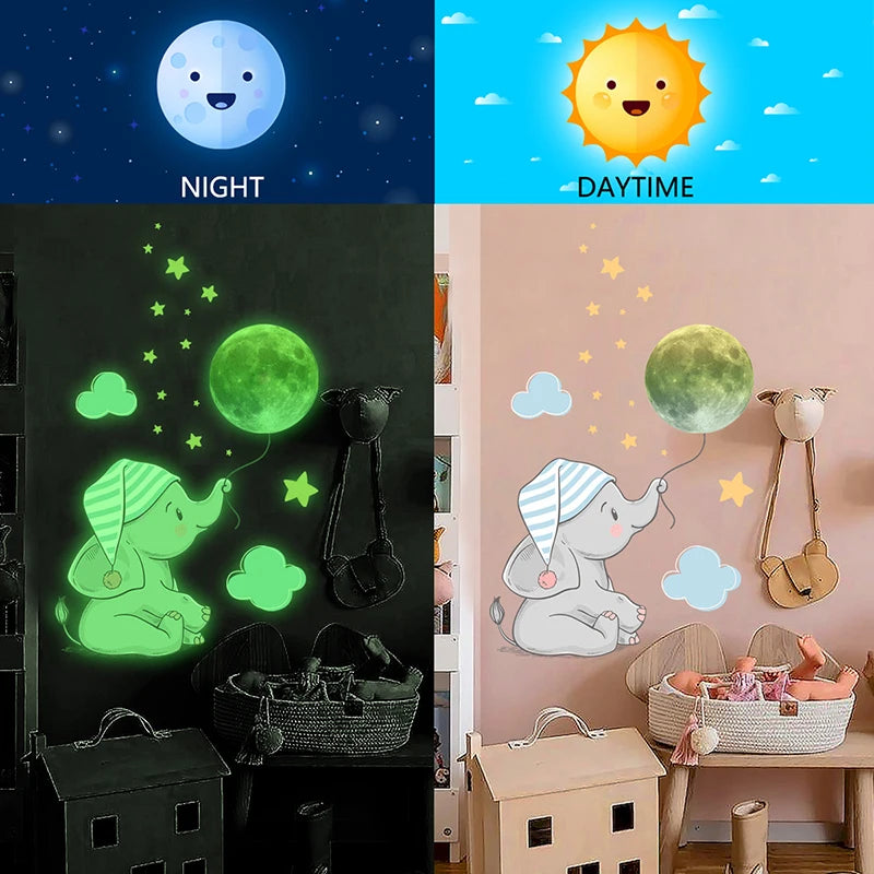 Baby Elephant Moon Luminous Wall Sticker