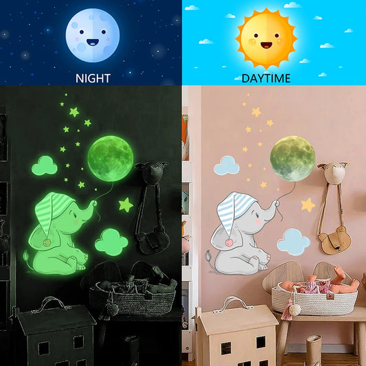 Baby Elephant Moon Luminous Wall Sticker