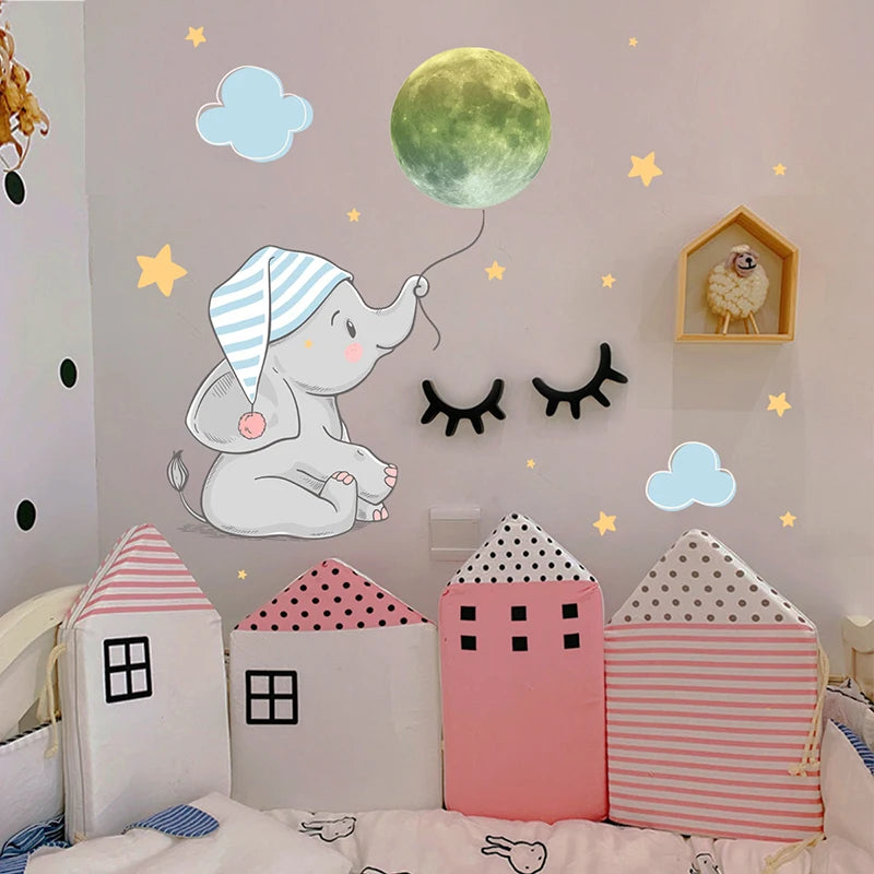 Baby Elephant Moon Luminous Wall Sticker